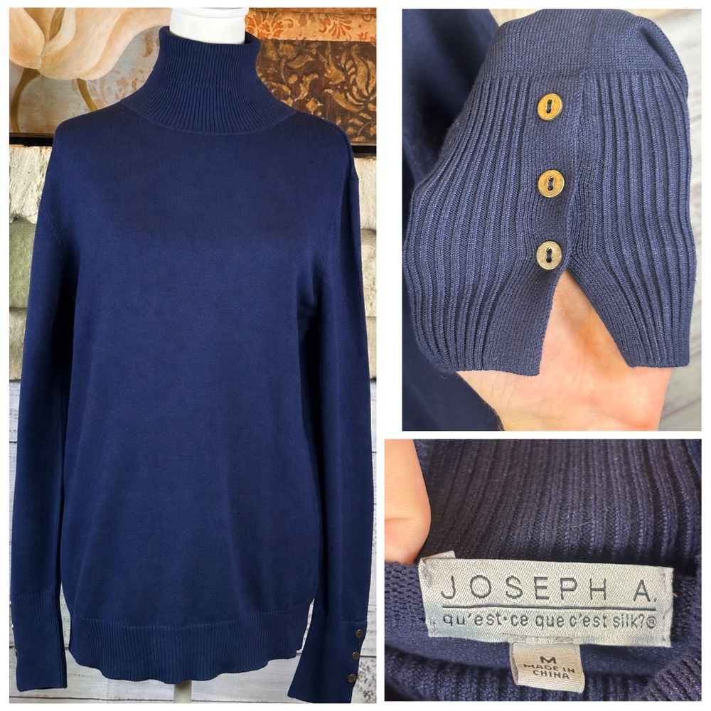 Joseph A Navy Blue Turtleneck Sweater Gold Button Cuff Size M